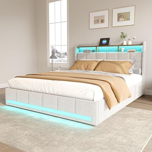 WSOFZMO Doppel Bett 140x200 mit Lattenrost, Boxspringbett 140x200, Doppelbett Polsterbett mit Stauraum, Betten mit 4 Schubladen, LED und 2 USB, 1 Type-c, ohne Matratze (Beige, 140 * 200)