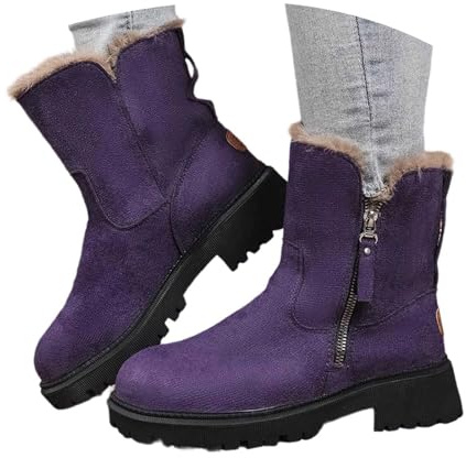 Bottes de neige doublées pour femme - Couleur unie - Chaudes - Chaussures à enfiler - Avec fermeture éclair - Rétro - Talon bloc - Bottines mi-hautes - Automne et hiver