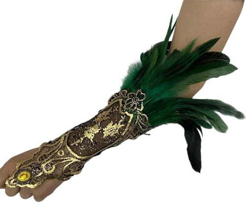 Psdndeww Gants longs en dentelle à plumes pour femme - Style gothique - Manchettes en maille - Accessoires de costume pour mariage, Halloween, fête gothique, Vert, taille unique