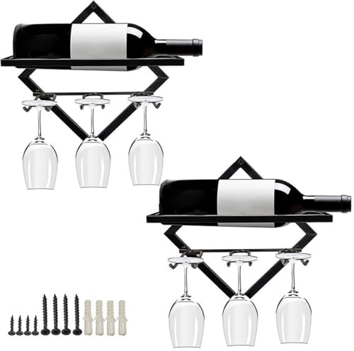 KRHUQT Wall Mounted Wine Rack, 2 Pcs Metal Champagne Rack Floating Shelves for Bottles and Glasses Holder Storage Organizer, Display for Home Kitchen Dining Room, Bar Accessories for Home Pub