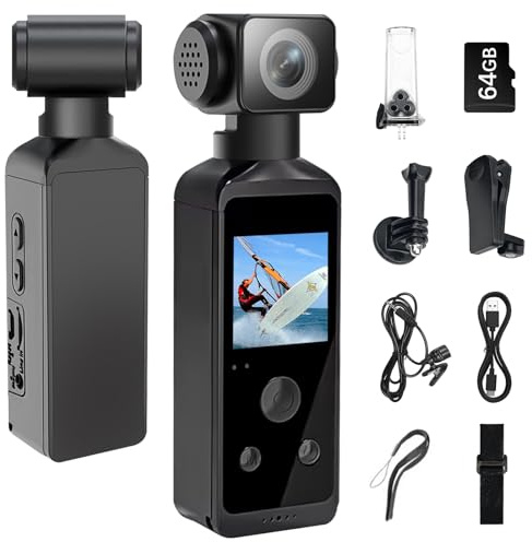 WOWAWOLA 5K HD Body Camera with Audio and Video, Sports Action Camera with 270° Rotatable Lens, Vlogging Camera for Travel, Outdoor Sport, Cycle, Clip and 64GB TF Card Included