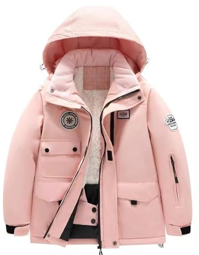 Momolaa 12-13 Years Girls Ski Jacket Waterproof Fleece Lined Snowboard Jacket Winter Warm Snow Windproof Jackets Removable Hood Ski Coat Hooded Windbreaker for Kids Pink Outerwears