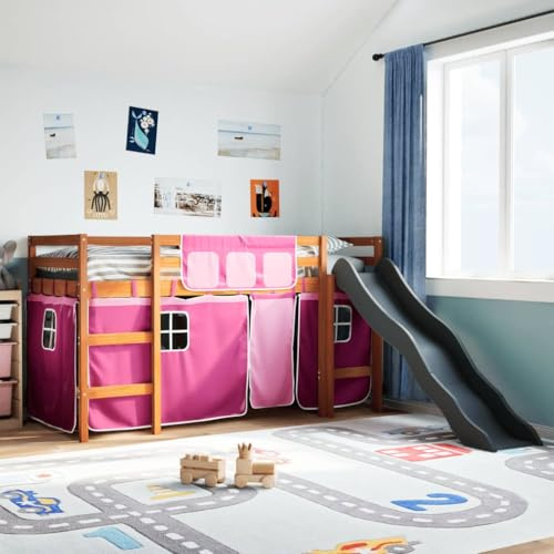 GeenYuu Lit mezzanine pour enfant, avec toboggan, rideaux roses, 80 x 200 cm, en pin massif, avec protection anti-chute, lit de jeu pour chambre d'enfant, durable
