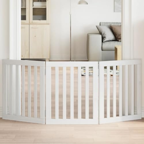 QUAHEAS 3-TLG. Hundetor Faltbar Weiß aus Pappelholz 150 cm breit, freistehend und faltbar ohne Bohren, ideal als Absperrung für Hundezwinger, Welpen, Freigehege, Indoor und Outdoor Nutzung
