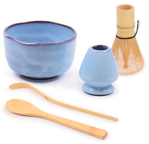 BambooMN Brand - Matcha Bowl Set (Includes Bowl, Rest,Tea Whisk, Chasaku, & Tea Spoon) 1 Set Shimmering Blue