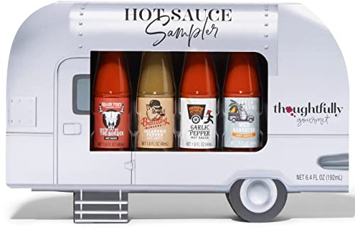Thoughtfully - Scharfe Saucen Geschenkset - Street Food Truck Airstream Probierset Mit 4 Pikanten Chili-Saucen - Geschenk für Männer und Frauen | 4 auserlesene, scharfe Grillsaucen im Airstream Truck Design - Geschenk für Männer zum Geburtstag & Vatertag