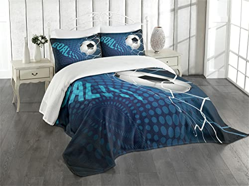 ABAKUHAUS Fußball Tagesdecke Set, Zusammenfassung Ziel Muster, Set mit Kissenbezug Weicher Stoff, für Einzelbetten 170 x 220 cm,Blau schwarz-weiß