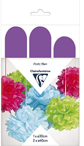 Clairefontaine 395411C Set mit 3 Pompons Seidenpapier, Ø 30cm x1 + Ø 40cm x2, ideal für Deko und Bastelprojekte, 1 Set, Violett