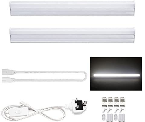 30cm T5 LED Integrated Light Fixture, 5W 6000K Cool White with ON/Off Switch UK Power Plug, Fluorescent Light Bulbs Replacement for Kitchen/Under Cabinet/Ceiling/Garage/Office/Shed/Shop 2-Pack