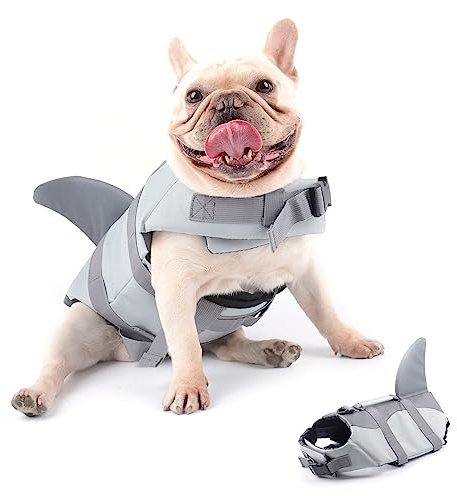 Hifrenchies Hundeschwimmweste Hai Schwimmweste Haustier Sicherheit Badeanzug Rettungsweste für Französische Bulldogge (Größe S, Hai)