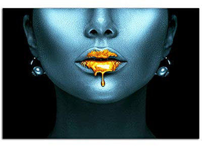 Startonight Impression Sur Verre Acrylique Tableau - Portrait en Bleu et Or Métallique - Moderne Image pour la Décoration de la Maison 60 x 90 cm