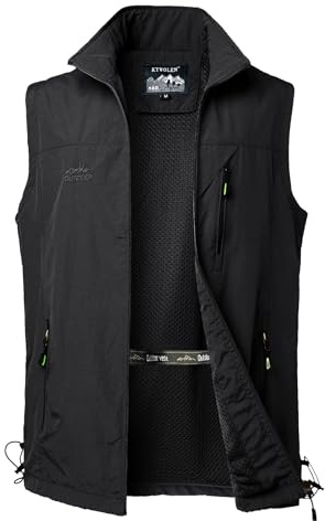 KTWOLEN Gilet à Séchage Rapide pour Hommes Gilet de Pêche Respirant Gilets de Photographie Chasse Léger Veste sans Manche Gilets de Randonnée, Noir, M