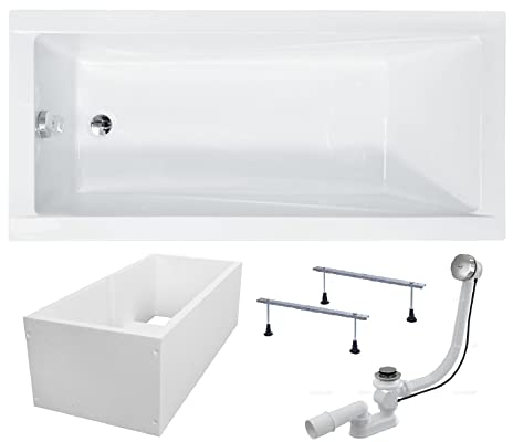 BADLAND Badewanne Original Weiß Acryl Wanne Rechteck MODERN 180x80 KOMPLETTSET SET mit Premium Wannenträger + Füßen und Exklusive Chrom Automatik Ablaufgarnitur Made in EU 4in1