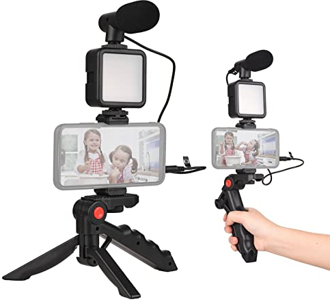 Andoer Kit Vlog pour smartphone, Mini lumière vidéo LED + microphone cardioïde + clip pour téléphone extensible + trépied avec luminosité réglable pour Live Streaming Vlog Tournage vidéo conférence