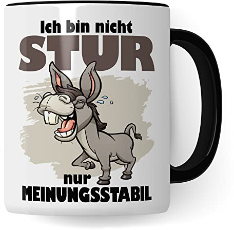Tasse stur, Ich bin nicht stur nur meinungsstabil Geschenk Kaffeetasse Geschenkidee Sturkopf Tasse mit Spruch lustig Esel-Motiv Teetasse Kaffee-Becher Dickschädel (Weiß/Schwarz)