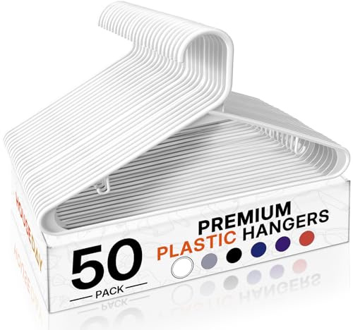 HOUSE DAY White Plastic Hangers 50 Pack, Plastic Clothes Hangers with Built-in Hooks, Durable and Strong Plastic Coat Hangers for Closet, Space Saving Clothing Hanger for Shirts, Coats, Skirt, Dress