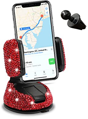 CGEAMDY Bling Autotelefonhalter, 360 Grad Drehung Glitzer Strass Dekoration Smartphone Handy Halter, Multifunktionaler Autotelefonhalter Für Frauen Und Mädchen（Rot）