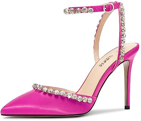 Castamere Donna Spillo Alto High Tacco Heel a Punta Cinturino alla Caviglia Diamante Cristallo Pumps Ballo Raso 10 CM Heels Fucsia 36 EU