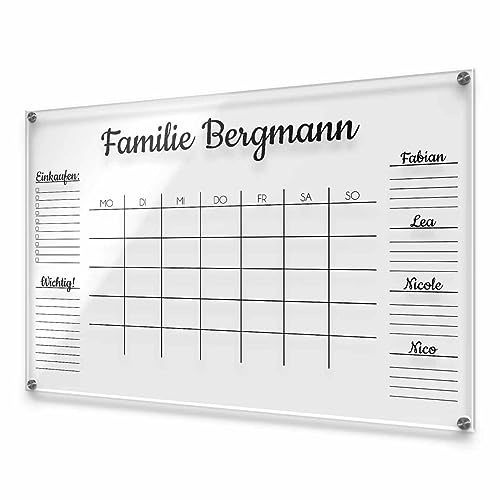 Acrylglas Wandkalender personalisiert mit Namen und Wunschtext - abwischbarer Wochenplaner Familie - Geschenk Mama Muttertag - Familienplaner Acryl - ca. 60x40 cm
