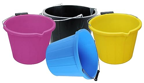 M1SS Set of 4- Plastic Builders Bucket 3 Gallon 14 Litre Water Mixing Storage Strong with Measuring Guide, Handle And Spout (Pink, Yellow, Blue, Black)