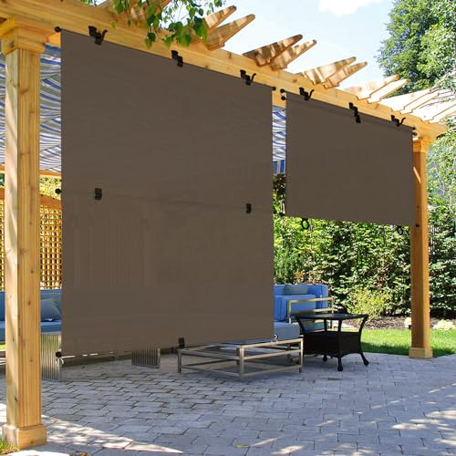 Goleray 8'Wx6'H Patio Shades Roll Up Outdoor 240GSM Foldable Roller Shades Exterior Porch Blinds Sun Screen for Outside Deck Pergola Balcony, Brown