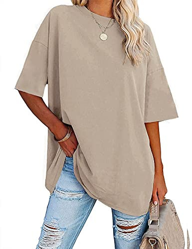 Ebifin Dam oversize t-shirt rund hals kortärmade toppar casual lös basic sommar t-shirts skjortor blus., 02-kaki, XL