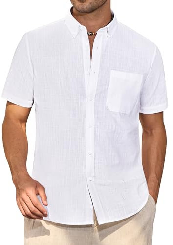 J.VER White Linen Shirts Men Summer Short Sleeve Regular Fit Smart Casual Lightweight Holiday Beach Button Down Shirt L