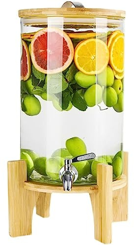Dispensador de bebidas de vidrio de 10 litros con grifo de acero inoxidable, grifo de acero inoxidable a prueba de fugas, boca ancha fácil de llenar, soporte de madera, perfecto para cócteles, agua,