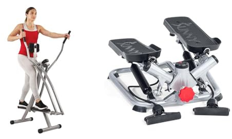 Sunny Health & Fitness Elliptical Cross Trainer w/LCD Monitor, Air Walker Exercise Machines + Advanced Twist Stepper Machine with Resistance Bands, Portable Mini Stair Stepper