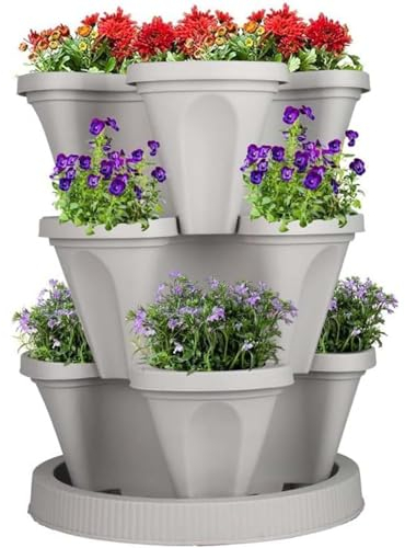 MAYFABD Stapelbarer Blumentürm Blumentopf Mehrschichtig Stapelbar Pflanztopf für Balkon Vier Blütenblätter aus Kunststoff mit Universal-Radwanne zum Anbau von Blumen Obst,A,4Pcs