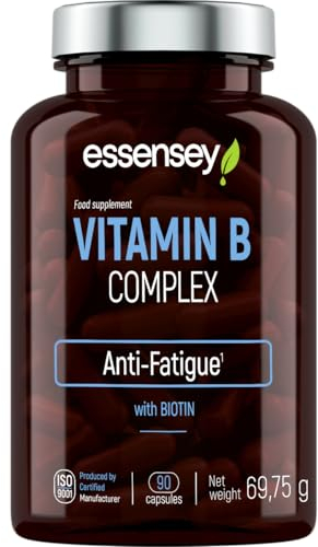 ESSENSEY - Vitamin B-Komplex I 11 Wirkstoffe I 90 Kapseln I Alle 8 B-Vitamine (B1, B2, B3, B5, B6, B8, B9, B12) I Für Vegetarier I 90 Tagesdosen I Leicht zu schlucken