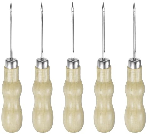 sourcing map 5pcs Handwork Sewing Awl Double Gourd Hollow Awl Leather Punch Hole Tool with Wooden Handle Scratch for Broken Wire Make Mark Drilling Stitching Repair and DIY Handmade, Log Color