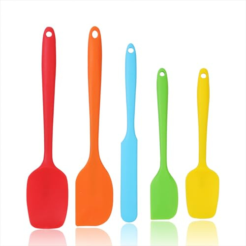 5 Stück Teigschaber Silikon, Hitzebeständige Silikonspachtel Antihaft Silikon Spachtel mit Metallkern Nahtloses Einteiliges Design zum Kochen, Backen, Mischen BPA Frei Bunt