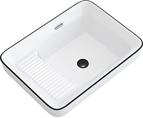 Fregadero de baño Fregadero de baño de cerámica blanca, fregadero de porcelana sobre encimera de 22 × 16,5 con combinación de tabla de lavar y drenaje emergente, rectangular Lavabo del baño