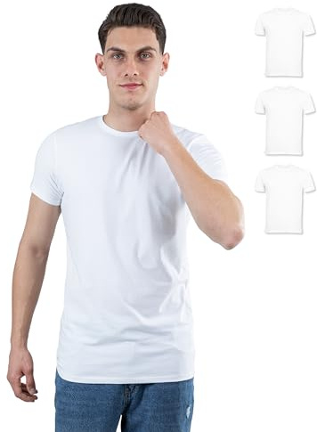 SKIPPER Lot de 3 T-Shirts Homme Col Rond Blanc – Style Marqué avec Col Renforcé – Coton Stretch Premium – Coupe Ajustée – M