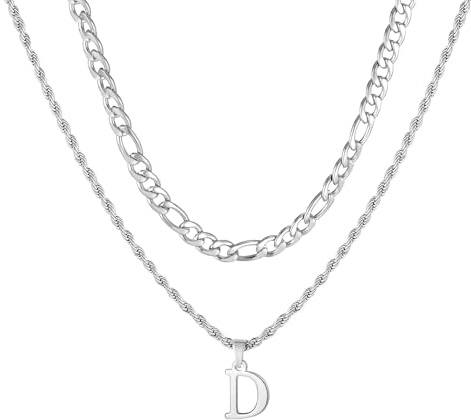Collar Inicial Para Hombres, Cadena De Acero Inoxidable Y Plata Figaro Torcida Correa De Cuerda Con Colgante De Cadena En Capas De Letras A - Z Collar Hombres CumpleañOs Regalo Padre (Plata D)
