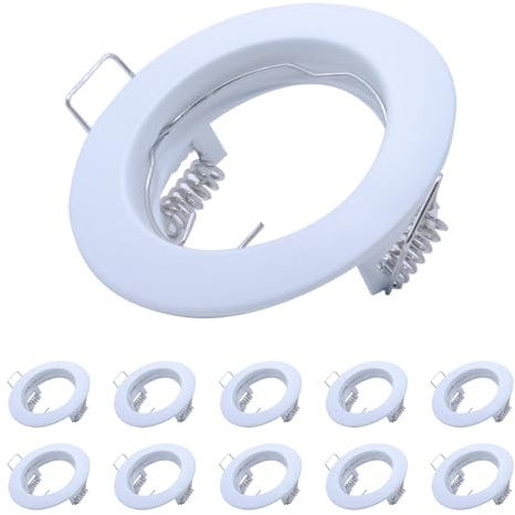 Recessed Ceiling Light Mounting Frame With GU10 Lamp Holder, Aluminum Round Spotlights Trim Ring Fitting, Downlight for Bathrooms Kitchen, 50mm Bulb, Pack of 10 (White)