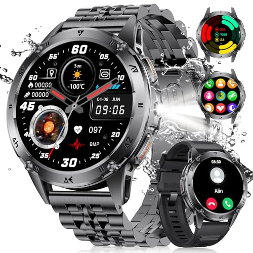 LIGE Smartwatch Herren Militär mit Telefonfunktion, 1,43'' AMOLED Smart Watch mit 530mAh Akku, LED Taschenlampe, Herzfrequenz, Schlafmonitor, 120+Sportmodi IP68 Wasserdicht Sportuhr für Android iOS
