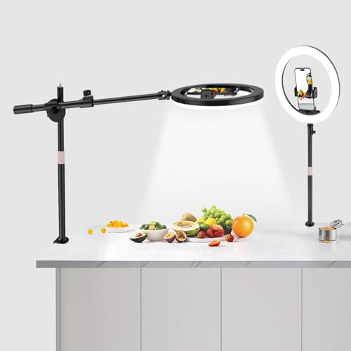 UBeesize 12 Ring Light with Overhead Phone Mount, LED Ring Light with Phone Holder and Stand, Desk Light Ring for iPhone,Cameras, Selfie Light for Live Streaming,Video Recording, Content Creation | Overhead Lighting with CRI95, 3 Color Modes and 10 Brightness Levels for Recording, Streaming, Desk Light Ring for Cameras