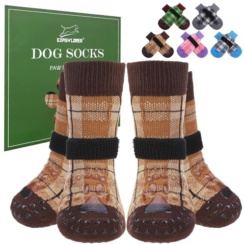 EXPAWLORER Hundesocken gegen Lecken der Pfoten, doppelseitig, rutschfest, mit Greifern, Hundeschuhe für Hartholzböden, Hundeschuhe für kleine, mittelgroße und große ältere Hunde, Khaki, Größe XS, 4