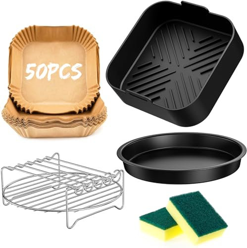 5PCS Heißluftfritteuse Zubehör, Airfryer Zubehör für COSORI 5,5L/6L/6,2L, Philips 5000 Serie XXL 7,2L, Ninja MAX PRO 6,2L AF180EU, Russell Hobbs 8L, Airfryer Silikonform Accessories mit Schwamm