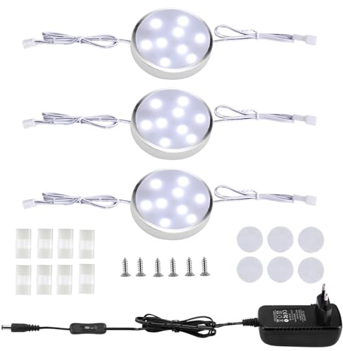 LABOREDUCER Unterbauleuchte Küche LED 3er, Schrankbeleuchtung mit Stecker | LED Puckleuchten Schalter & 12V Adapter, Flackerfreies Licht für Küche, Schrank, Regal, Vitrine (Kaltweiß6000K)