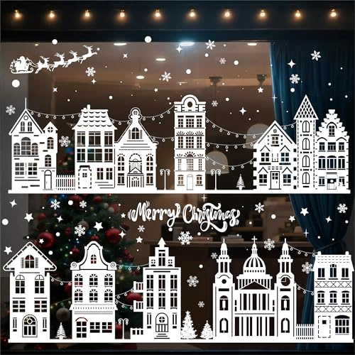 Singtis Fensterbild Weihnachten Selbstklebend - Wiederverwendbare Dekoration für Türen und Fenster mit Häuschen und Winterlandschaft，Fensterbilder Weihnachten Selbstklebend