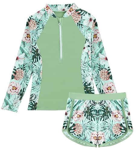 Maeau Zweiteiler Badeanzug Mädchen Blumen Floral UV Schutz Badebekleidung Kinder Schwimmanzug Schwimmshirt Badeanzug Langärm mit Badeshorts Shorts 7 8 Jahre Bademode Schwimmen Rash Guard Hawaii Grün