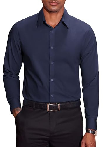 COOFANDY Camisa de Hombre de Manga Larga, Camisa de Negocios, Fácil de Planchar, Algodón, Ajuste Regular, Camisa de Ocio, Camisa de Traje para Hombre, azul marino, L
