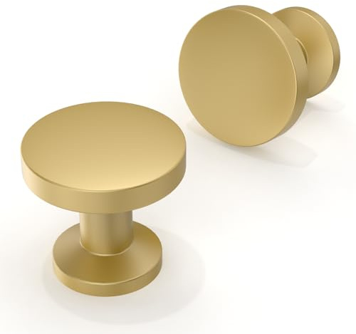 Asimerdeco 10 Pack Brushed Gold Cabinet Knobs 30mm Round Kitchen Solid Zinc Alloy Drawer Knobs