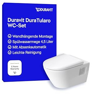 Duravit DuraTularo Wand WC-Set, WC Keramik und WC-Sitz mit Absenkautomatik, Toilette wandhängend, Klo mit offener Befestigung, Kloschüssel und Klodeckel, Weiß Hochglanz