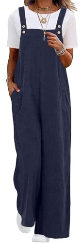 QIXING Womens Corduroy Dungarees Wide Leg Cord Jumpsuit Casual Overalls with Pockets UK (Navy Blue, S)