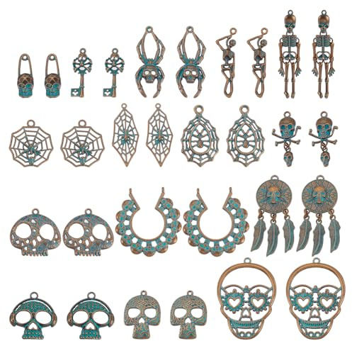 AHANDMAKER 30 Stück Totenkopf Anhänger Halloween Skelett Anhänger Tibetisches Metall Gekreuzte Knochen Spinnennetz Für Ohrringe Armbänder Halloween Schmuckherstellung DIY Basteln