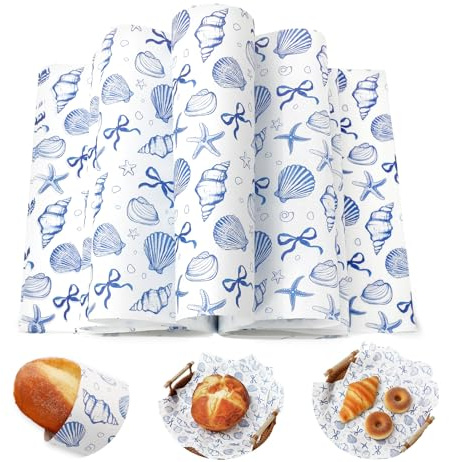 FYSUIMU 150Pcs Ocean Wax Paper Sandwich Wrap Tissue Deli Paper White Blue Bow Seashell Starfish Waterproof Oil-Proof Picnic Liner for Home Party Kitchen Supplies